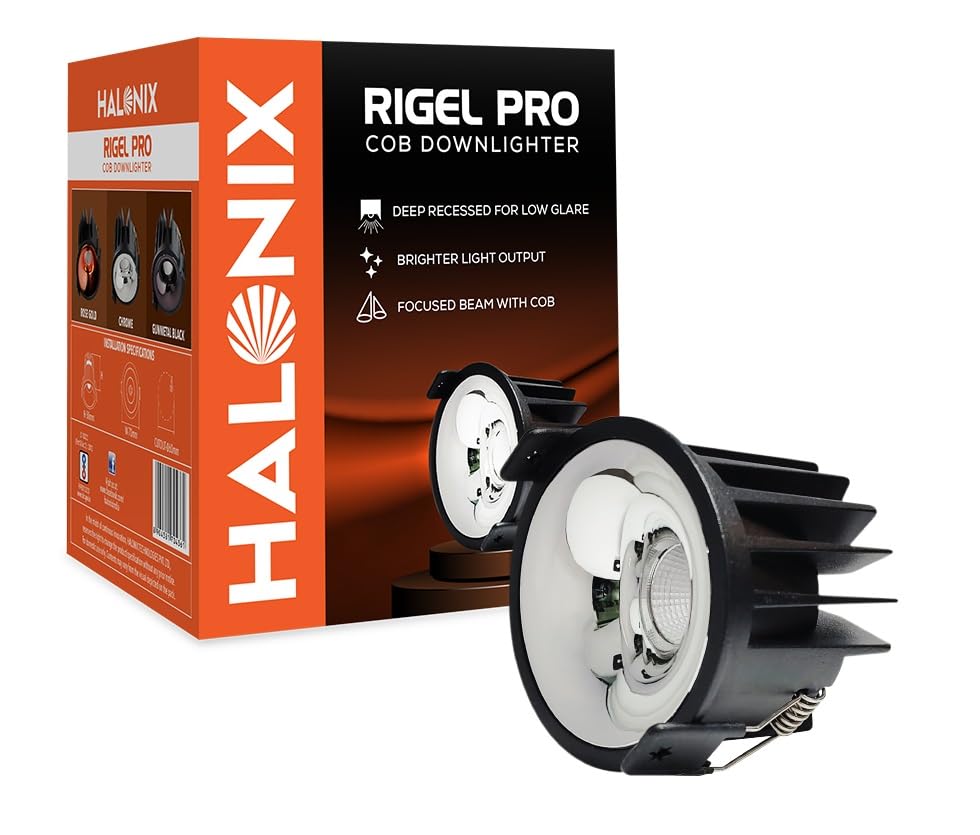 Halonix Rigel Pro 7W Chrome Finish Black Led Recessed COB Light | Ceiling Mountable : Warm White, Pack of 1 COB Downlighter | Cut Out-2.3 Inch |