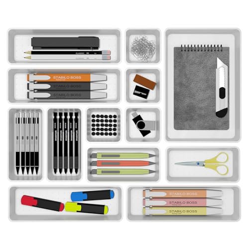 Cetomo 14 Pcs Drawer Organiser Set, Plastic Storage Drawer Organizer, Drawer Dividers, Adjustable and Expandable, Container Tray for Stationery, Cosmetic, Makeup, Gadgets, White, 4 Size-14 Pack