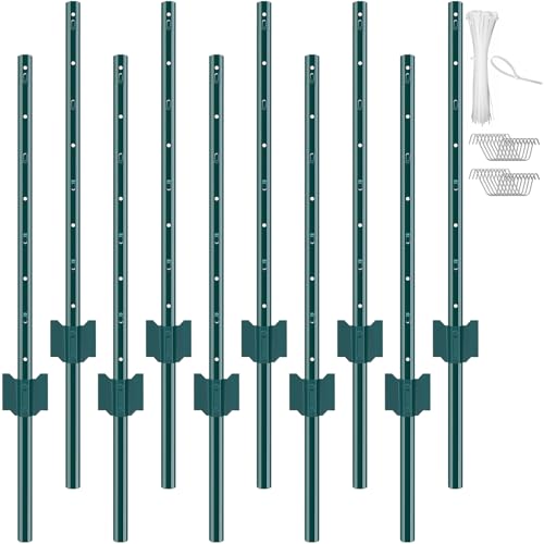 VEVOR 3 Feet Fence Post, 10 Pack U-Channel Metal Fence Posts with 20 Zip Ties & 20 Clips, Sturdy Steel Fence Stakes for Garden Yard, Lawn, Farms and Outdoor Wire Fencing, Green