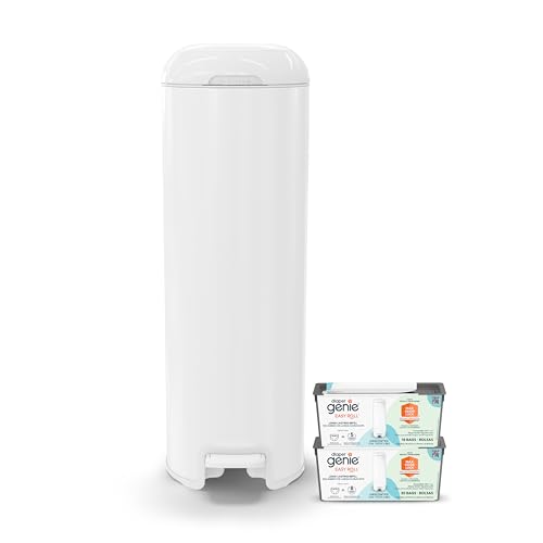 Diaper Genie Platinum Pail Gift Set, Lily White, Made of Durable Stainless Steel and Includes 2 Easy Roll Refills with 18 Bags and 30 Bags