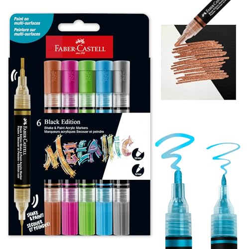 Faber-Castell Black Edition Shake & Paint Acrylic Marker – Metallic Colours, Box of 6 | Dual-Tip, Water-Based, Permanent Paint Markers for Multi-Surfa