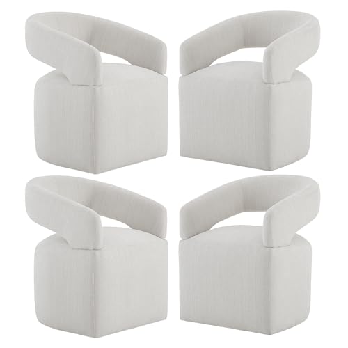 KISLOT Upholstered Dining Chairs with Casters Modern Barrel Side Armchair with Rollers for Diningroom Bedroom Livingroom Reading Room, Linen, 4PCS
