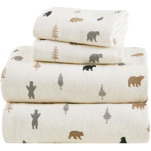 Comfort Spaces 100% Cotton Flannel Sheets Full Size, Ultra Soft Cozy Flannel Sheet Set with 12" Elastic Pocket Fits up to 14" Mattress, Novelty Print Warm Flannel Bedding, Bear/Trees 4 Piece