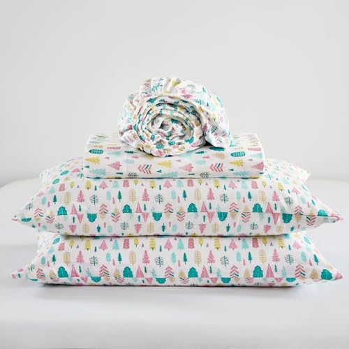 Intelligent Design Cozy Soft 100% Cotton Flannel Sheets, Breathable Festive & Adorable Print Cotton Flannel Sheet Set, Deep Pocket Sheet Fits Up to 16" Mattress, Full White Holiday Trees 4 Piece
