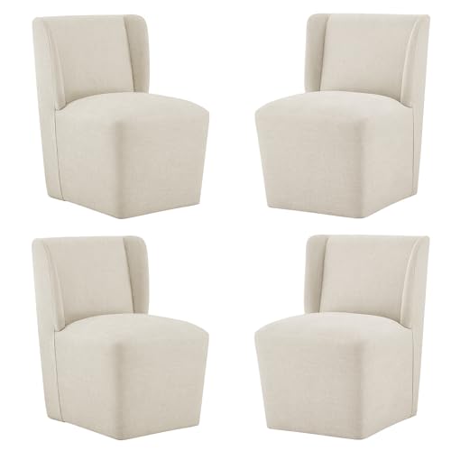 KISLOT Upholstered Dining Chairs Set of 4 with Casters, Wingback Modern Side Armless Deskchair with Rollers for Diningroom Bedroom Livingroom Reading Room, Cream Beige Fabric
