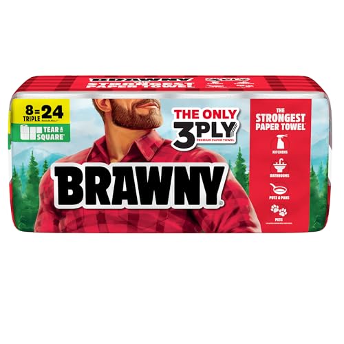 Brawny Tear-A-Square 3-Ply Paper Towels, 8 Triple Rolls = 24 Regular Rolls, Strong, Absorbent, and Durable with 3 Sheet Sizes (Quarter, Half, Full)
