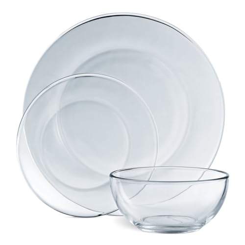 12pc Glass Dinnerware Set - Sleek Round Clear Glass Plate and Bowl Sets - Dishwasher Safe, Bread & Butter Dinner, Dessert, Salad Plates & Serving Cereal Soup Bowls Dishes for Kitchen Dining & Parties