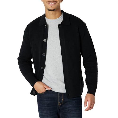 Amazon Essentials Men's Relaxed-Fit Collared Cardigan Sweater, Black, X-Large