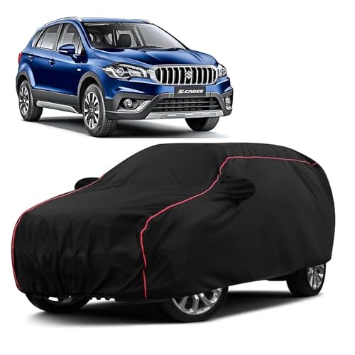 100% Water Resistant Car Body Cover Compatible with Mirror for Maruti Suzuki SCross (Triple Stitched, Full Bottom Elastic, Black with Red Piping)