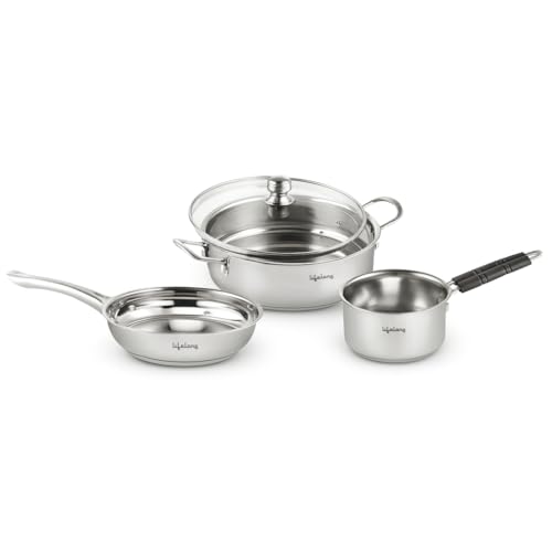 Lifelong 4 piece Stainless Steel cookware Set | 22 cm Kadai & Fry Pan 22 cm with Glass Lid | 14 cm Sauce Pan | Sandwich Bottom | Induction & Gas Stove