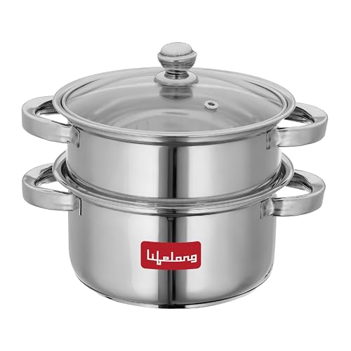Lifelong 2-Tier Steamer/Momo/Modak Maker | Induction Compitable with Glass Lid & Riveted Handles | 20 cm Stainless Steel Multi-Purpose Cooking Steamer