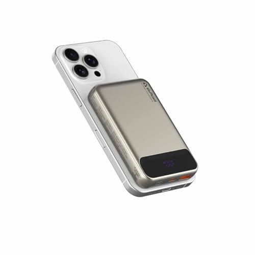 Stuffcool Click 10000mAh Slim Magnetic Wireless Powerbank Natural Titanium Finish Perfect for iPhone 16,15,14,13,12 with Led Display and 20W Fast Wire