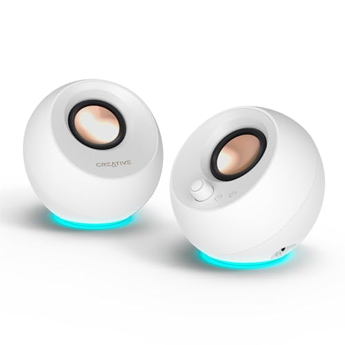Creative Pebble Pro Minimalist 2.0 USB-C Computer Speakers with Bluetooth 5.3 and Customizable RGB Lighting, Clear Dialog and BassFlex Tech, USB Audio, Headset Port, for PC and Mac (White)