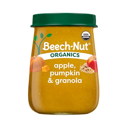 Beech-Nut Organic Baby Food Jars, Organic Apple Pumpkin & Granola Puree, Stage 2 Baby Food for Babies 6 Months and Up, Non-GMO, 4oz Glass Jars, 10ct