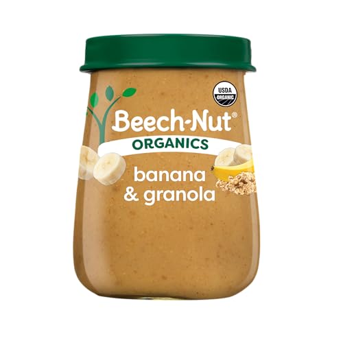 Beech-Nut Organic Baby Food Jars, Organic Banana & Granola Puree, Stage 2 Baby Food for Babies 6 Months and Up, Non-GMO, 4oz Glass Jars, 10ct
