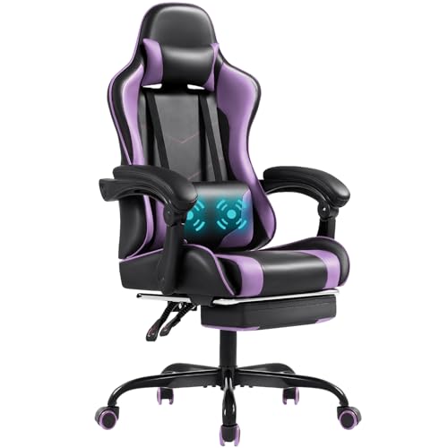 Shahoo Gaming Chair with Footrest and Massage Lumbar Support, Computer Chairs, Video Racing Seat Height Adjustable with 360°Swivel and Headrest for Office or Bedroom, Purple