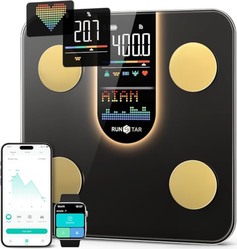 (-25%) Runstar Körperwaage, Körperfettwaage, Digitale Personenwaage mit 8-in-1-VA-Display für Körpergewicht, Herzfrequenz, BMI, Körperfett und Analyse von 22 Körperparametern, mit App-Synchronisierung