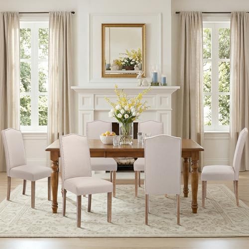 Stylish Upholstered Parsons Dining Chair Kitchen with Silver Nailhead Trim and Sturdy Solid Wood Legs, 6-Pack