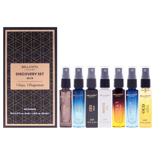 BellaVita Luxury Discovery Set Mens Perfumes (7x8ml) | Mini Perfume Gift Set for Men with Bergamot, OUD & Patchouli Oriented | Compact Long-Lasting Oud Colognes for Men | Cruelty Free Fragrance
