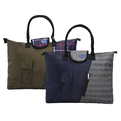 Pack of 2 Foldable Shopping Bags For Women with 3 Small Pockets | Grocery/Vegetable Bags For Market | Printed -Blue & Blue-Maroon