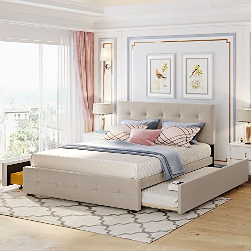 Ball & Cast Queen Bed Frame with 2 Drawers and 1 Twin XL Trundle, Linen Upholstered Platform Bed with Button Tufted Headboard and Wood Slats Support, No Box Spring Needed,Beige