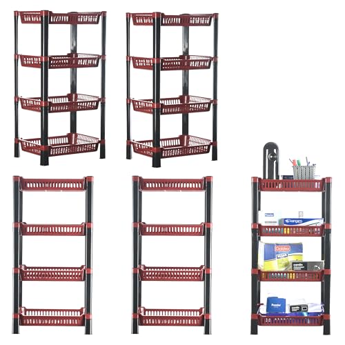 Urbane Home Pack of 5 Multipurpose Racks for Storage | 4-Tier Kids Toy Organizer/Under Wash Basin &amp; Office Storage Cabinet &amp; Shelves | Maroon