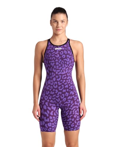 ARENA Powerskin Carbon Air2 Kneeskin Open Back Women's Racing Swimsuit Limited Edition Full Body Short Leg One Piece Athletic Tech Suit, Leopard Print Violet, US Size 24