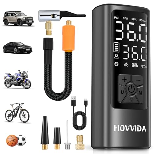 HOVVIDA Compresor Aire Portatil, Inflador Ruedas Coche 150 PSI (10,3 Bar) 5V, Compresor Aire Coche Bicicleta, Batería Recargable, con LED, para Coche, Moto, Bicicleta, Pelota