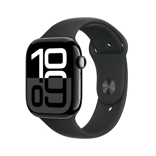 Apple Watch Series 10 [GPS 46mm case] Smartwatch with Jet Black Aluminum Case with Black Sport Band - M/L. Fitness Tracker, ECG App, Always-On Retina Display, Water Resistant