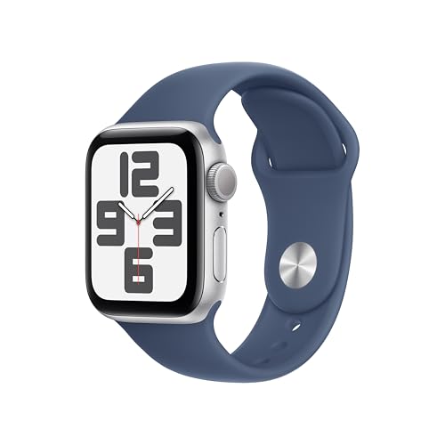 Apple Watch SE (2nd Gen) [GPS 40mm] Smartwatch with Silver Aluminum Case with Denim Sport Band S/M. Fitness and Sleep Trackers, Crash Detection, Heart Rate Monitor, Retina Display