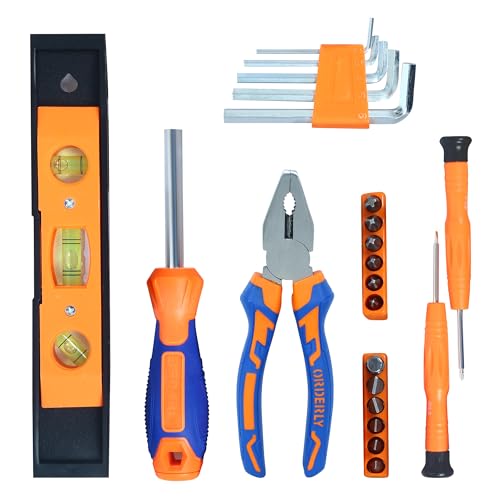 GLUN® Screwdriver Set, 23 in 1 with Pliers, Allen Keys, Stanley Screwdriver, Aluminium Spirit Level, and 12 Screwdriver Bits – Auto Repair Tool Combin