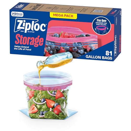 Ziploc Gallon Food Storage Bags, Stand-Up Bottom, Easy to Fill, 81 Count