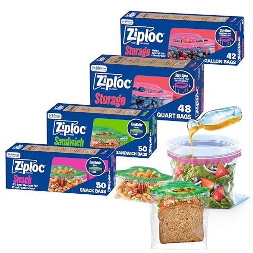 Ziploc Brand Storage Bags Variety Pack, 42ct Storage Gallon and 48ct Storage Quart with Stay Open Design, 50ct Sandwich and 50ct Snack with Grip N Seal Technology, 190ct Total