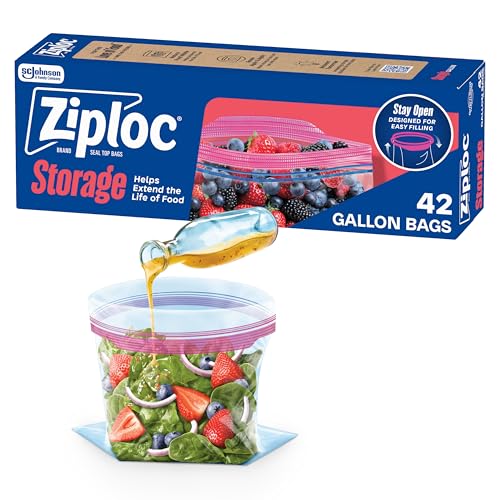 Ziploc Gallon Food Storage Bags, Stay Open Design with Stand-Up Bottom, Easy to Fill, 42 Count (Packaging May Vary)