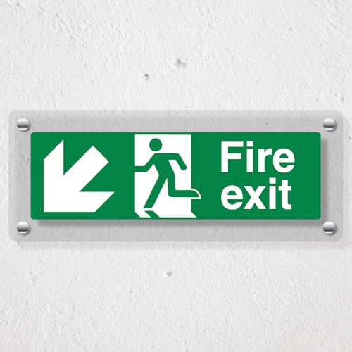 V Safety Fire Exit Arrow Down Left - 450 x 150 mm - Acrylic Perspex Cast Clear Safety Sign