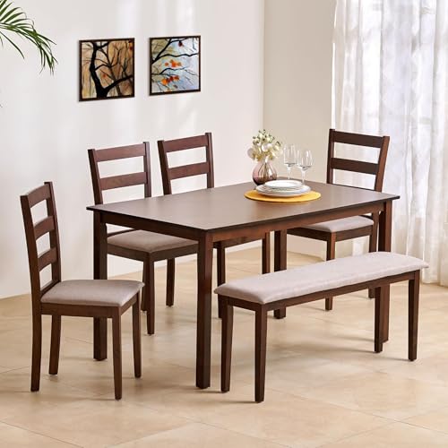 Home Centre | Helios Lia | Engineered Wood | 6 Seater Dining Table Sets | Brown | 1 Table with 4 Chair and 1 Bench | 1 Year Warranty