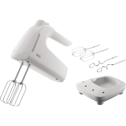 (-43%) AEG Handmixer, 5 Geschwindigkeitsstufen, Turbo-Funktion für Höchstleistung, Auswurftaste, 2 Rührbesen, 2 Knethaken, Zubehörstation, spülmaschinenfest, 500 Watt, 1,2 m Kabel, weiß, AHM4W