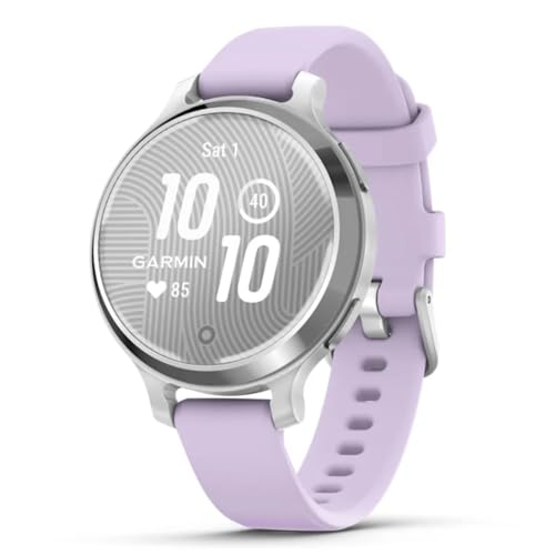 Garmin Lily® 2 Active, Small and Stylish Smartwatch, Built-in GPS, Hidden Display, Patterned Lens, Up to 9 Days Battery Life, Silver with Purple Jasmine Silicone Band
