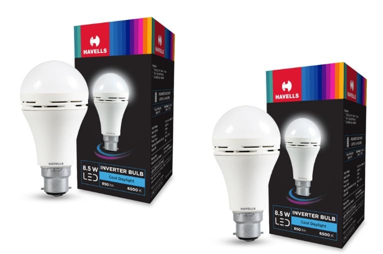 Havells 8.5w LED Emergency Bulb | Shatter Resistant |Cool Day White (6500K) | B22 LED Bulb Base | Inverter Bulb for home,3 Hours battery back up| Li-i