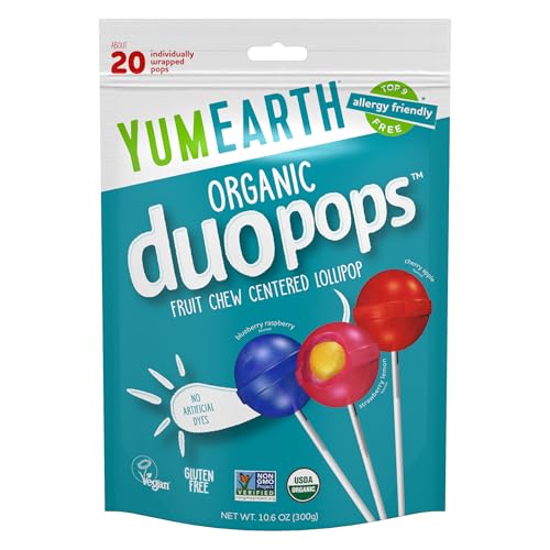 YumEarth Organic Duo Pops, Lollipops with Fruit Chew Centers - Allergy Friendly (Top 9 Free), No Artificial Dyes or Flavors, Non GMO, Gluten Free, Vegan Candy Snacks - 20 Individually Wrapped Pops