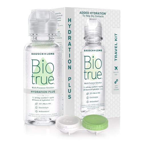 Biotrue Hydration Plus Contact Lens Solution with Lens Case, Multi-Purpose Solution for Soft Lenses, Hydrates with Hyaluronan, Cleans, Clears, and Disinfects for All-Day Comfort, 2 Fl Oz (Pack of 2)