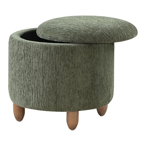 OSP Home Furnishings Lyra Contemporary Round Storage Ottoman with Lift-Off Lid, Pine Green Fabric