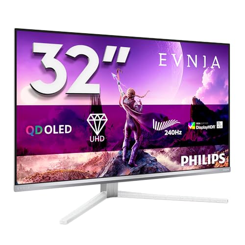 (-29%) Philips Evnia 32M2N8900AM 32 zoll UHD USB Hub Gaming Monitor, 240Hz, QD-OLED Panel, 0.03msGtG, HDR400 TB, FreeSync Prem.Pro G-Sync, Höhenverstellung,Lautsprecher,(3840x2160 HDMI 2x 2.1 DP1x 1.4)Silber