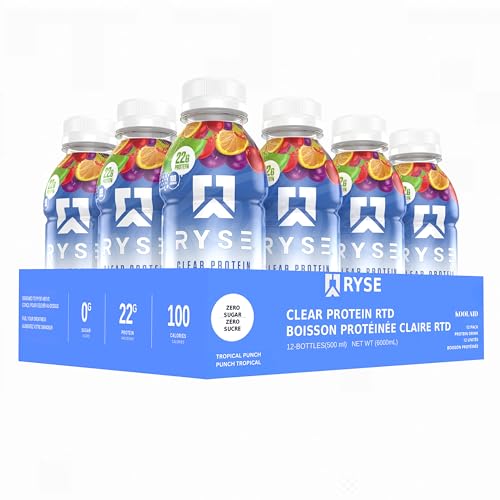 RYSE Clear Protein Shake - Kool-Aid Tropical Punch - 100 Calories, 22g Whey Isolate Protein, Sugar-Free, 0g Fat & Lactose-Free - Refreshing Ready-to-Drink Beverage - 16.9 fl oz Bottles (12-Pack)