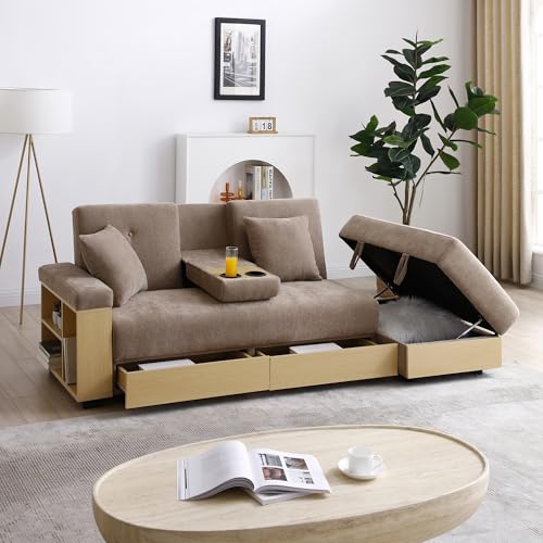 KEIKI Multi-Functional Sofa Sleeper with Storage Ottoman and Two Pull Out Drawer, Fold Out Couch Bed with Side Storage Rack and Drop Down Table with 2 Cup Holders