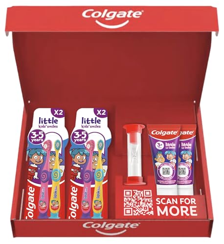 Colgate Kids Toothpaste Set 3+ Years with 2X Little Smiles Toothpaste 50ml - 4X Toothbrushes 3-5 Years and A 2 Minute Timer - for 4X Stronger Enamel* - Super Soft Bristles