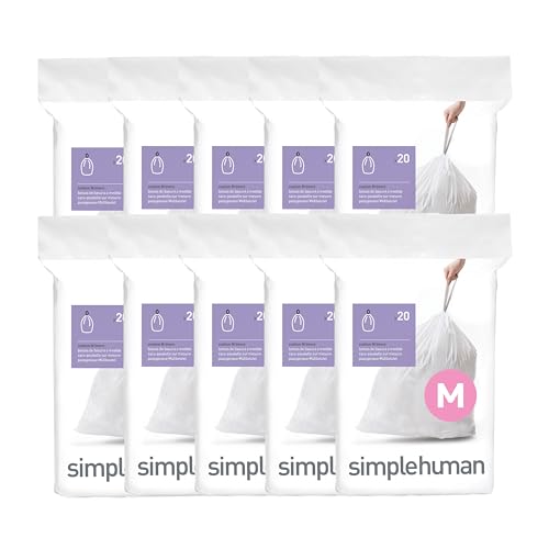 simplehuman Code M 200 Count, Dispenser Pack Custom Fit Liners, Drawstring Trash Bags, 45 Liter / 11.9 Gallon, White