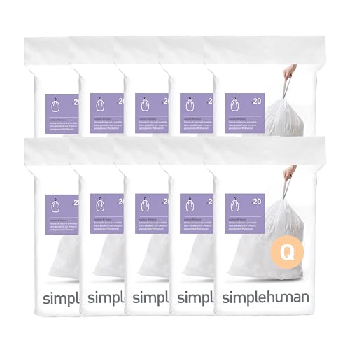 simplehuman Code Q 200 Count, Dispenser Pack Custom Fit Liners, Drawstring Trash Bags, 50-65 Liter / 13-17 Gallon, White