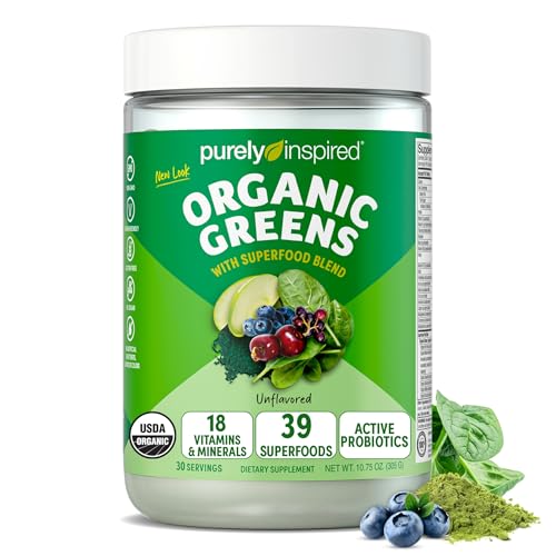 Purely Inspired Organic Greens Powder Superfood Smoothie Mix, Unflavored (30 Servings) - Super Greens with Probiotics, Spirulina & Chlorella for Gut & Digestive Health - Vegan & Gluten-Free