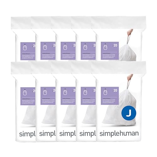 simplehuman Code J 200 Count, Dispenser Pack Custom Fit Liners, Drawstring Trash Bags, 30-45 Liter / 8-12 Gallon, White
